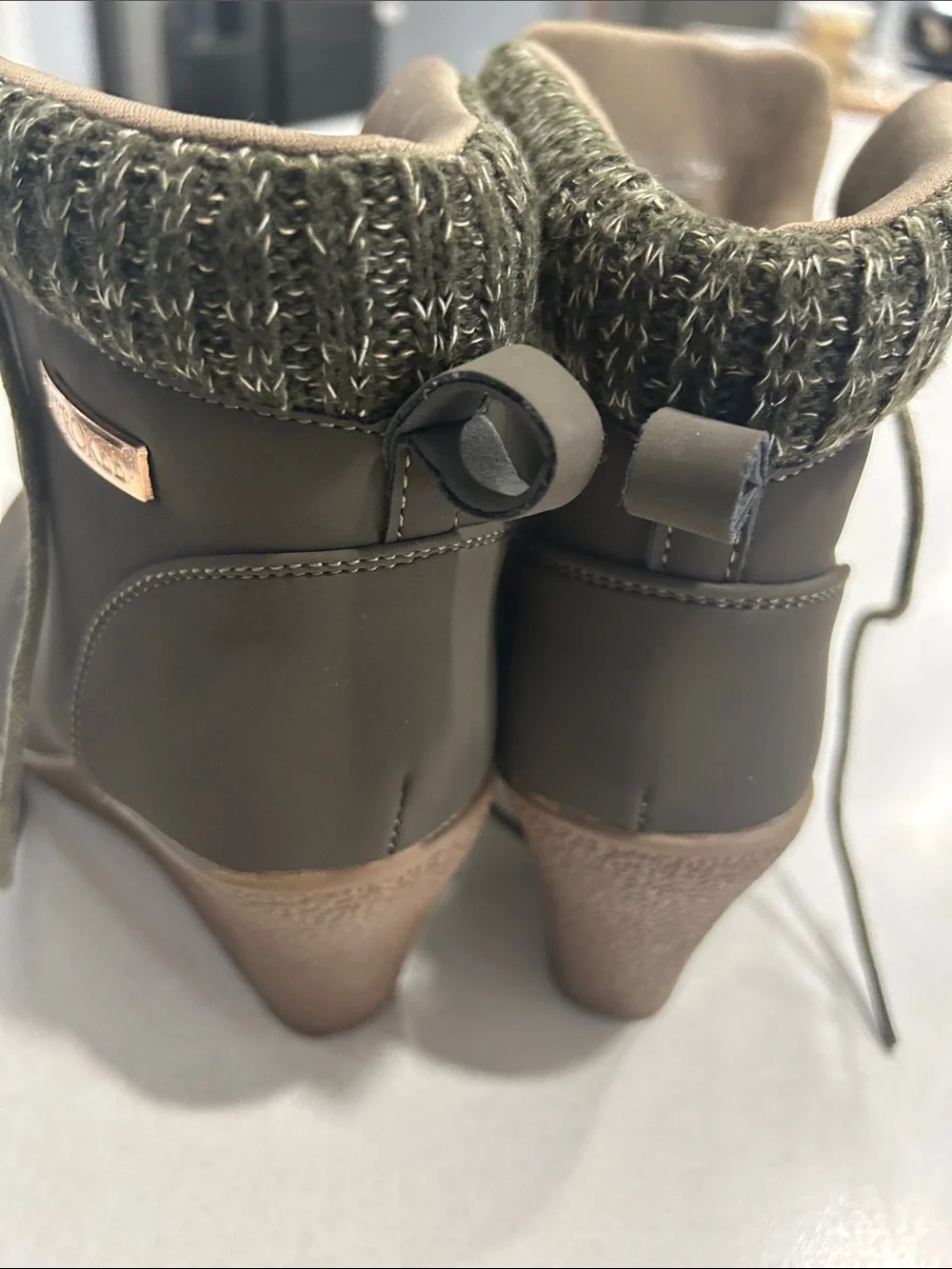 Cherokee Cushioned Wedge Ankle Boots in Olive with Knit Collar -